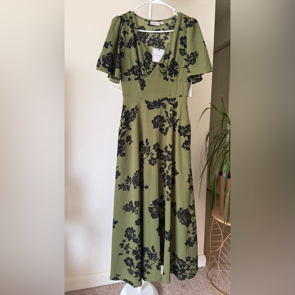 Premier Olive Green Maxi Dress with Black Floral Print